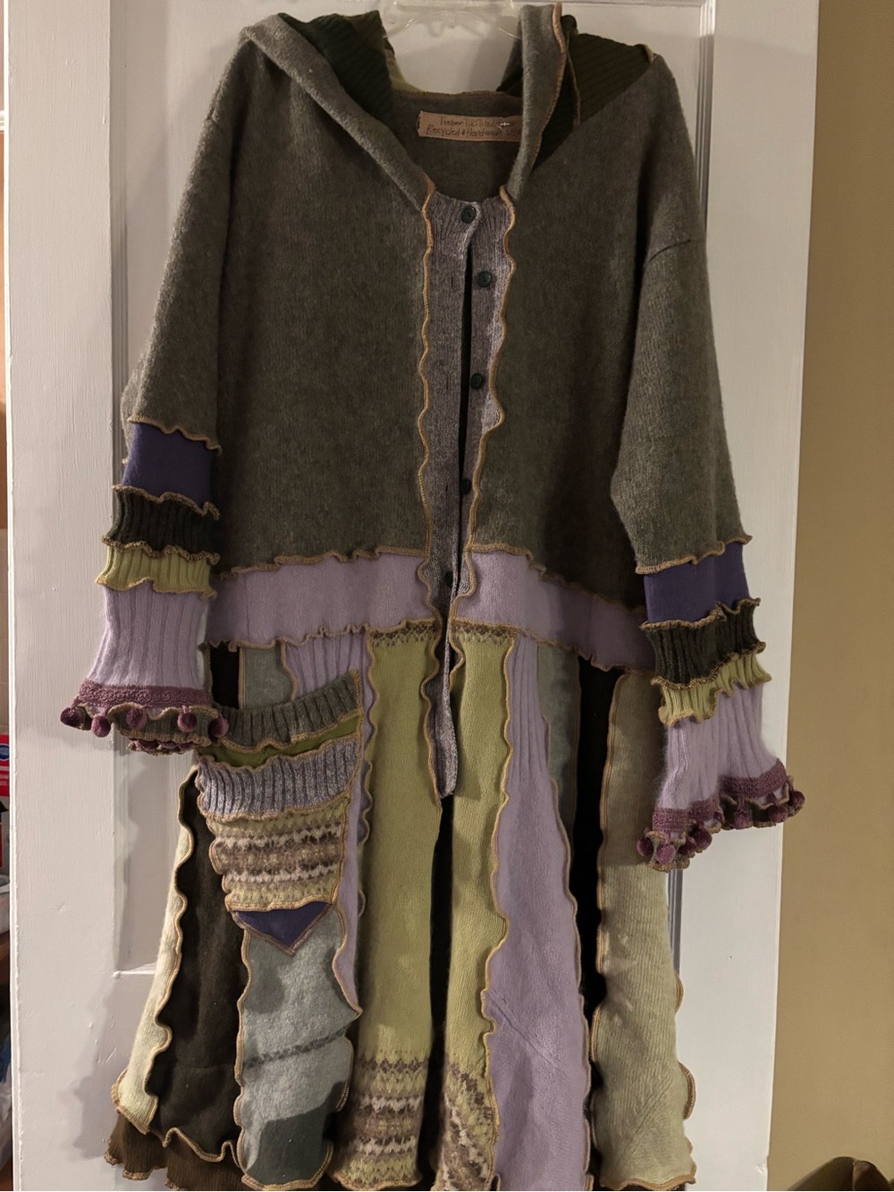 Patchwork Hooded Cardigan Sweater in Olive & Lavender